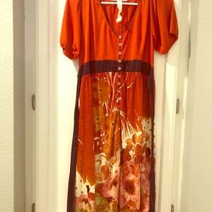 Super fun orange and purple dress.